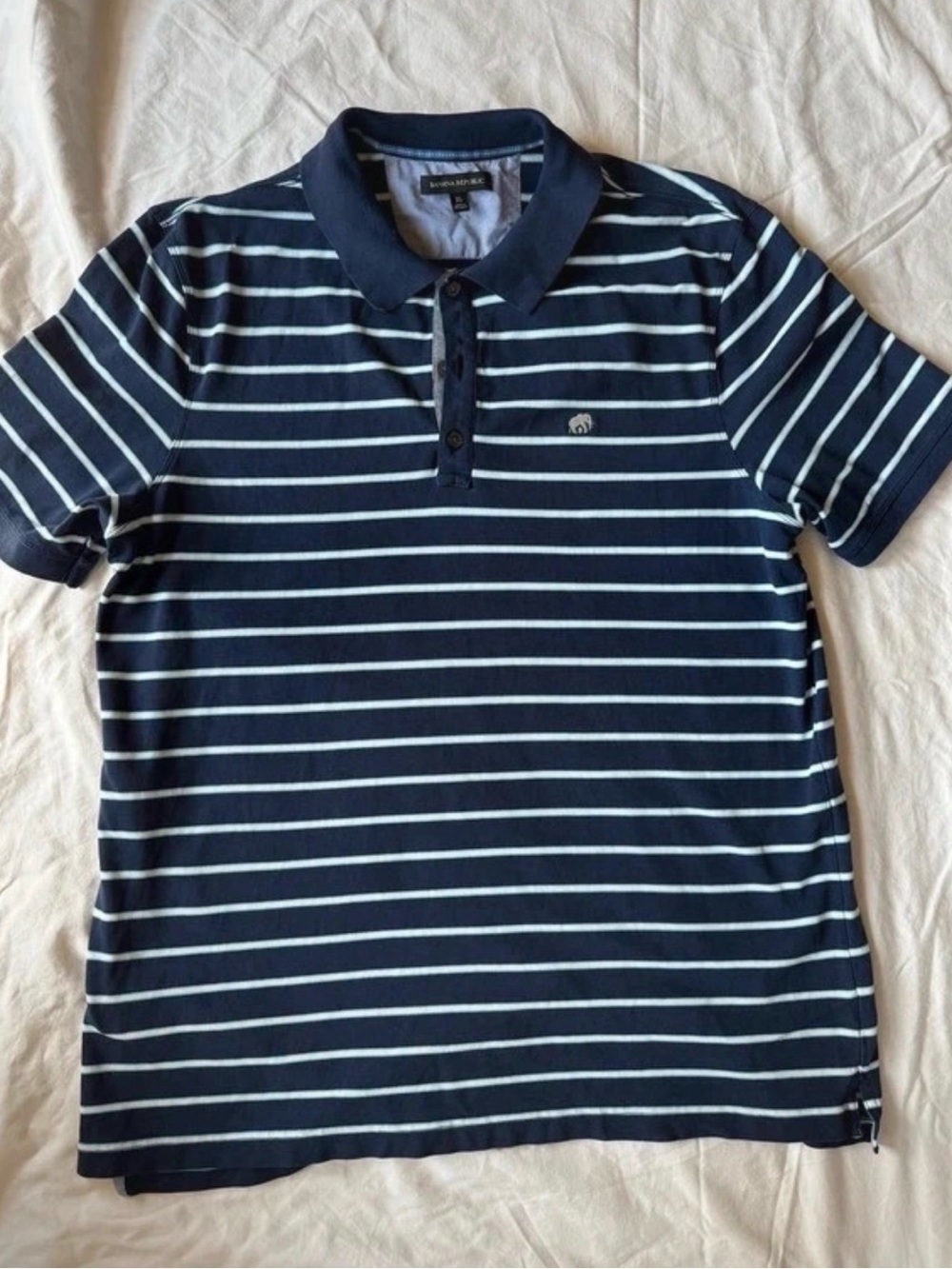 Banana Republic Men's Size XL Elephant Logo Striped Polo Shirt Navy Blue Stretch